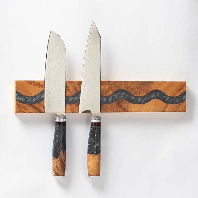 Wooden Magnetic Knife Holder with Black Resin for Wall, Wall Mounted Farmhouse Bar Kitchen Knives Organizer, Untensil Bar Storage and Spice Rack, 16 Inch