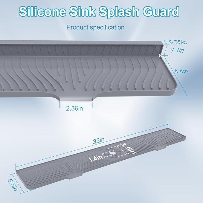 Derlights 33 inch Sink Splash Guard Mat, Silicone Faucet Handle Drip Catcher Tray, Longer Silicone Sink Mat for KitchenBathroom, Drip Protector Splash Countertop (Gray)