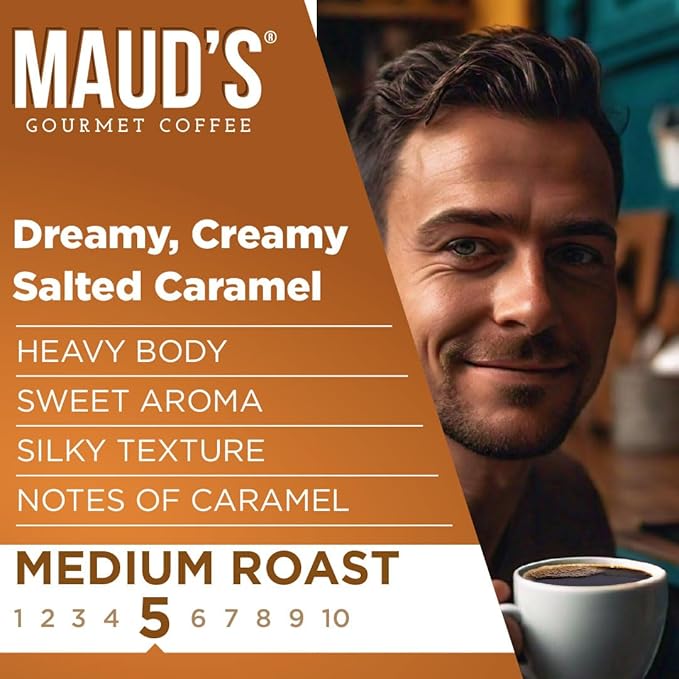 Maud's Salted Caramel Flavored Coffee Pods, 18 ct, Medium Roast Flavored Coffee in Single Serve Pods – 100% Arabica Beans, Compatible with Keurig K Cups Maker