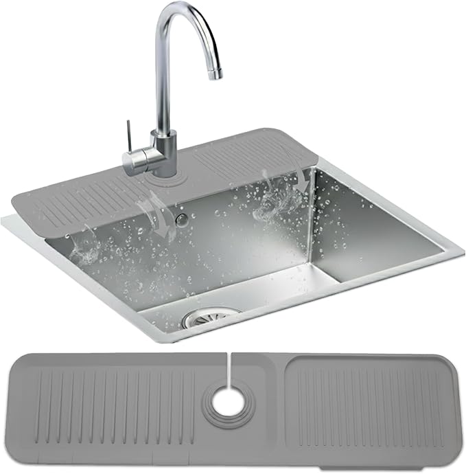 Silicone Faucet Mat for Kitchen Sink 17.7 Inch | 5° Slope Fast Self-Draining Sink Splash Guard | Multipurpose Faucet Mat Foldable Durable No Smell | Cut-to-Fit Opening Up to 2.6in|Nordic Grey