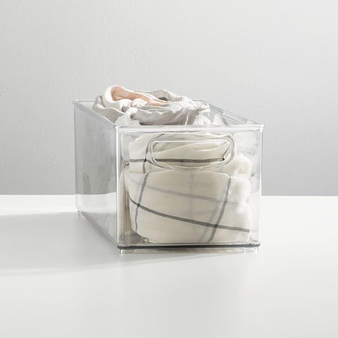 mDesign Plastic Closet Organizer with Handles - Storage Basket Bin for Closet Shelf Organization - Stackable Container for Organizing Clothes and Laundry Supplies - Ligne Collection - 8 Pack - Clear