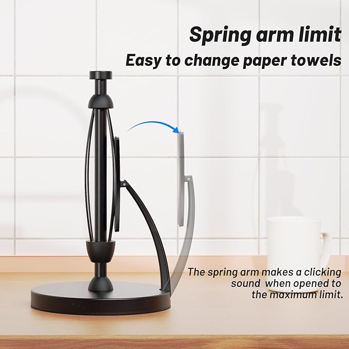 VEHHE Paper Towel Holder Countertop, One-Handed Tear, Stainless Steel, Stand Paper Towel Holder with Spring Activated Arm & Non Slip Weighted Base, for Kitchen Bathroom (Black)