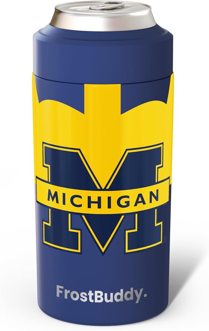 Frost Buddy NCAA Universal Buddy - Fits All - Stainless Steel Can Cooler for 12 oz & 16 oz Regular or Slim Cans & Bottles - Stainless Steel (Michigan Wolverines)