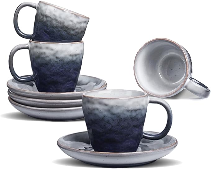 3 oz Espresso Cups Set of 4, Mini Italian Double Espresso Coffee Cup, Vintage Small Ceramic Demitasse Cups with Saucer for Lungo Coffee, Blue