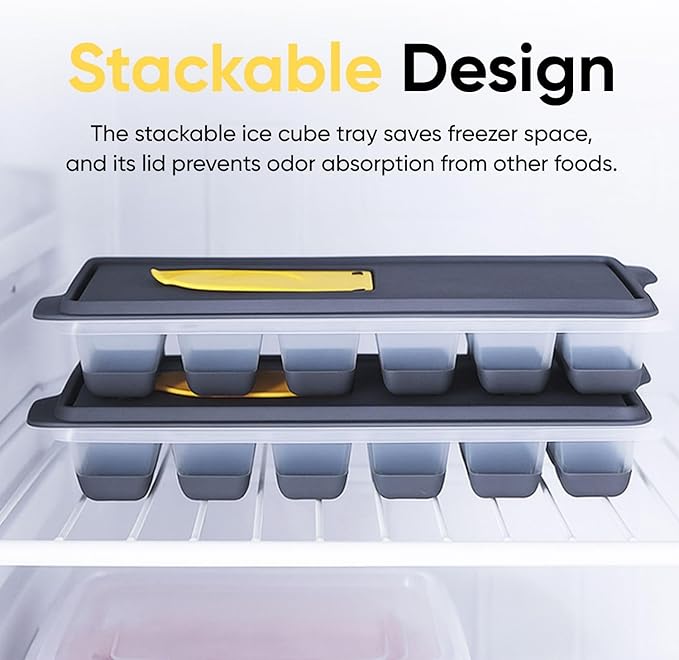 Superio Ice Cube Tray, Silicone Ice Cube Molds with Lid for Freezer, Ice Cubes for Whiskey, Cocktails, Juice (2 Pack)