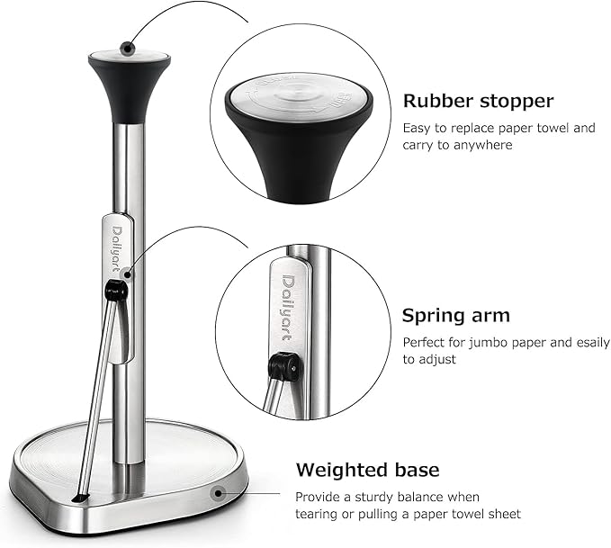 Dailyart Paper Towel Holder Stand for One Hand Tear with Tension Arm, Heavy Duty Paper Towel Holder Countertop with 2.65lb Weighted Base, Kitchen Paper Towel Holders Counter Fit Most Size Paper Roll