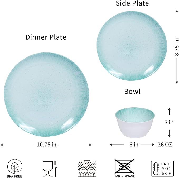 Melamine Dinnerware Set – 4 Dinner Plates, 4 Salad Plates, 4 Cereal Bowls – Shatterproof, Lightweight & Stylish for Everyday Dining, Outdoor, Camping, and RV Use