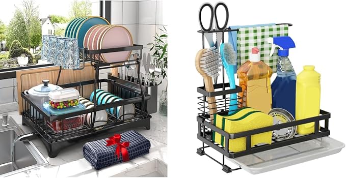 Godboat Sponge Holder for Kitchen Sink, Dish Drying Rack with Auto-Drain, Dish Racks for Kitchen Counter, Glass Rack for 4 Cups, 360° Swivel Spout, Kitchen Sink Organizer with Brush Holder