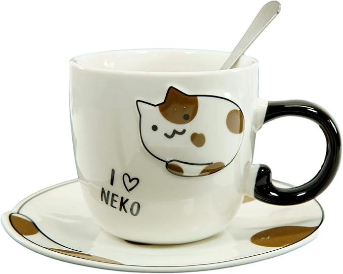 Ebros Pack Of 2 Crazy For Cats Maneki Neko Porcelain Coffee Tea Mug Cup 8oz With Saucer Tray And Notched Spoon Animal Pets Kittens Mugs Cups Kids And Adults Drinkware (Calico And White)