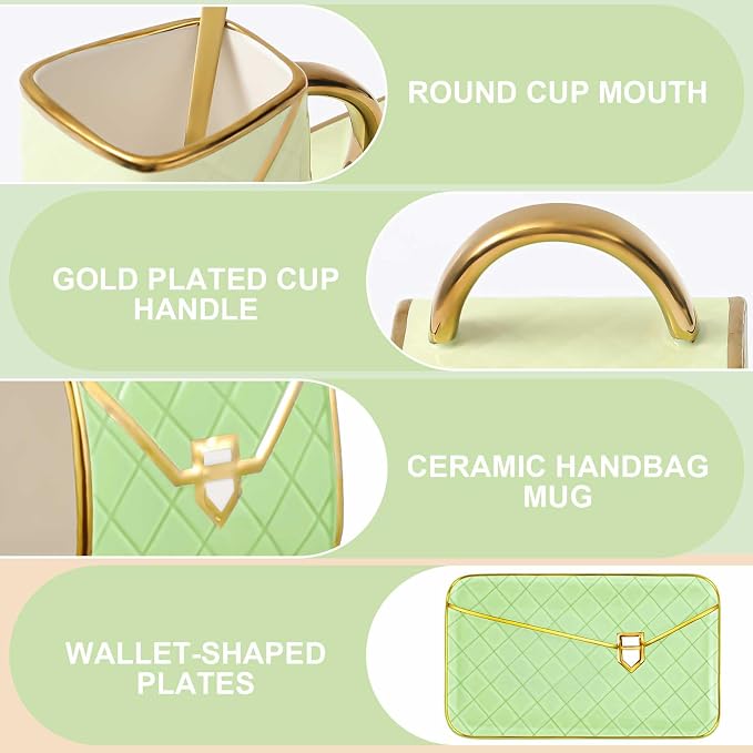 Zubebe 1 Set Coffee Mug Elegant Handbag Shaped Cup Modern Ceramic Purse Mug with Spoon and Saucer, 10oz Cute Creative Tea Cup for Woman Girls Gift (Light Green)