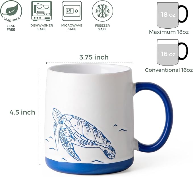 AmorArc Large Coffee Mugs Set of 6, 18oz Ceramic Coffee Cups with Sea Life Textured Patterns for Tea Latte Cocoa. Easy to Hold&Clean, Dishwasher&Microwave Safe, Matt White