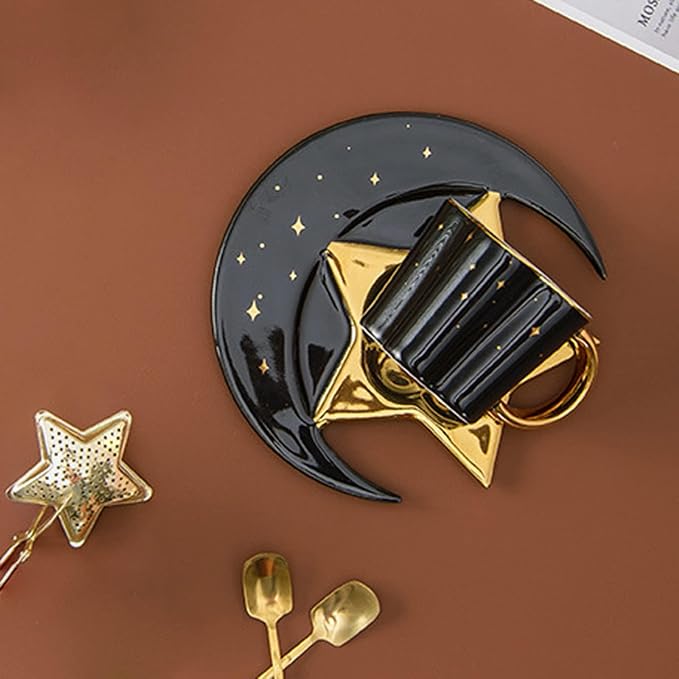 4.2 Ounce Irregular Ceramic Coffee Cup,Gold Plate Handle Mug,Moon and Star Shape Coffee Tea Cup and Saucer Sets with spoon,for Cappuccino,Tea,Cocoa,Cereal,Hot Chocolate (Black with Golden)