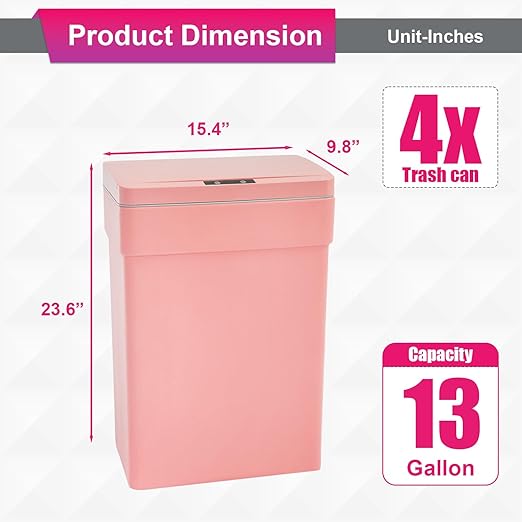 PayLessHere 13 Gallon 50 L Trash Can with Lid Plastic Kitchen Trash Bin Automatic Touch Free Motion Sensor Trash Can (4, Pink)