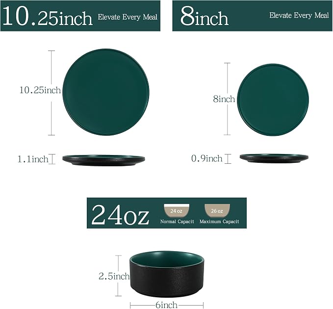 12 Piece Dinnerware Set, Modern Minimalist Stoneware Plates and Bowls Sets, Modern Dinner Plate, Salad Plate, Cereal Bowl, Dish Set for 4, Microwave and Dishwasher Safe, Matte Green