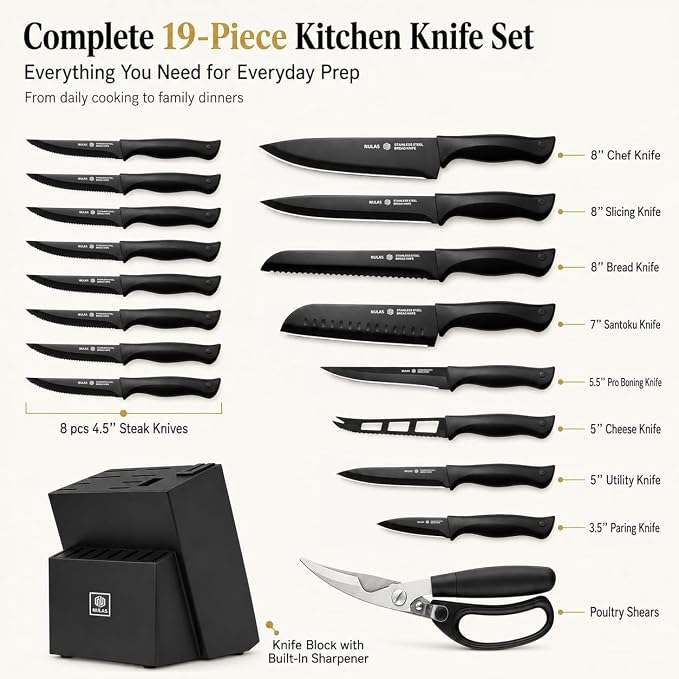 19-Piece Kitchen Knife Block Set with Built-in Sharpener, Upgraded Non-Stick Coating Blades, Ergonomic Handles, Dishwasher Safe, Black