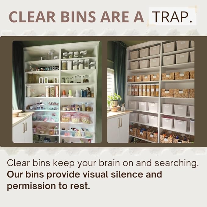 Kitchen Pantry Organizers and Storage Bins, 6-Pack Beige Storage Bins with Pantry Labels, a Complete System, The Simple Solution For Pantry and Kitchen Organization.