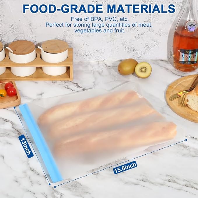 Lerine Reusable 2 Gallon Freezer Bags Dishwasher Safe 13"x15.6", Leakproof BPA Free Reusable Freezer Bags 2 Gallon, Food Storage Bags for Marinate Meats, Vegetables, Home Organization(Gray,2Gallon)