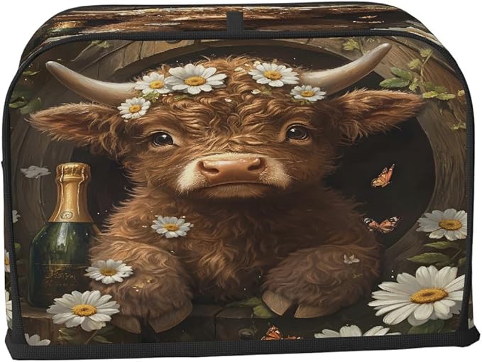 Highland Cow Flower Animal Toaster Cover 4 Slice Dust and Fingerprint Protection Toaster Bread Maker Covers Washable Kitchen Small Appliance Covers for Kitchen Accessories Decor Bakeware Women Gift