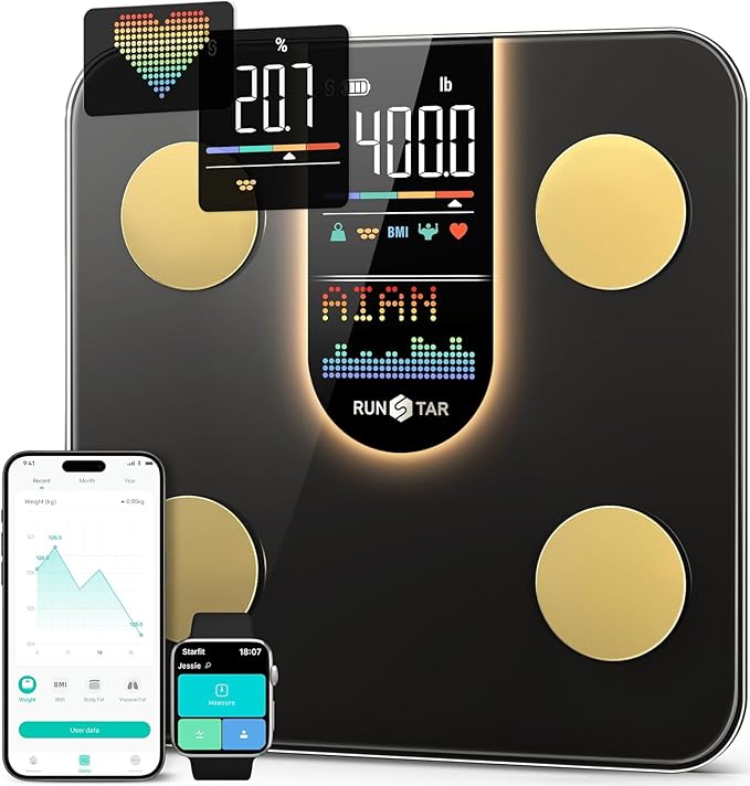RunStar Scale for Body Weight, Smart Scale with 8-in-1 VA Display, High Precision Bathroom Digital Scale for Body Weight Heart Rate BMI Body Fat 22 Body Composition Sync APP, FSA&HSA Eligible