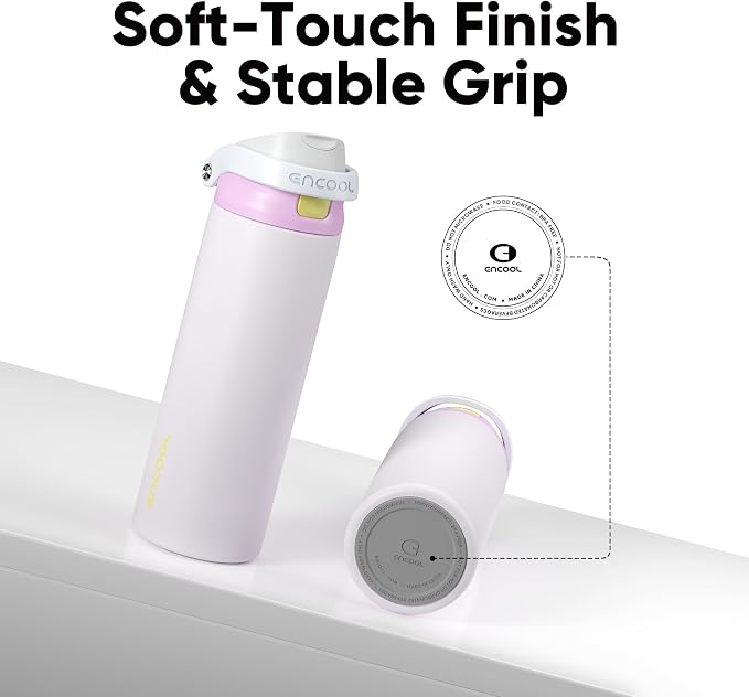 ENCOOL Leakproof Insulated Water Bottle with Straw Dual-Sip Water Bottle Bag-Safe Design for Work, Commute & Gym – Keeps Drinks Cold All Day, 24 oz, Lemonade Pink