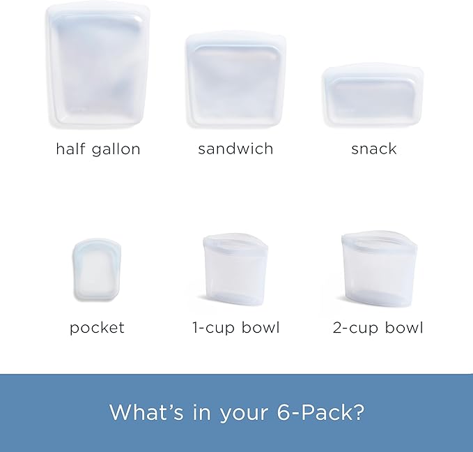 Stasher Silicone Reusable Food Storage Bags, 6-Pack, Reusable Freezer Bags, Microwave, Dishwasher, Oven Safe, Sous Vide, Premium Lunch Containers, Eco Friendly, Food-safe Silicone Snack Bag, Clear | Reusable Food Bags