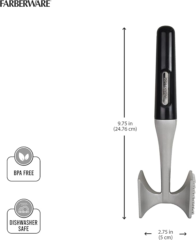 Farberware Professional Dual-Sided Rigid and Texture Stainless Steel Meat Tenderizer with Comfort Grip Handle, Great for Pounding Meat, Shellfish, Nuts, Dishwasher Safe, Black