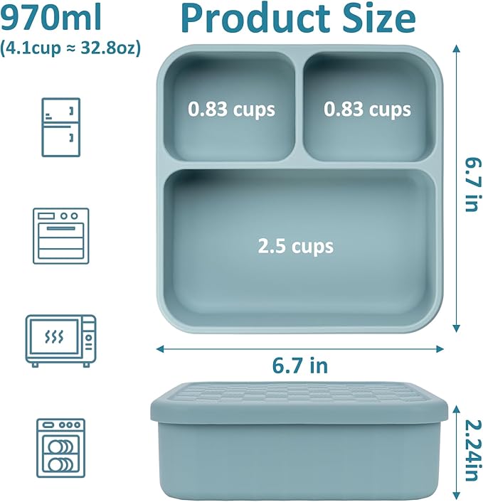 Ziplock Silicone Food Storage Bags Freezer, Bundle of 3 Compartment Silicone Bento Box Adult Lunch Container, Microwave Oven Dishwasher Safe