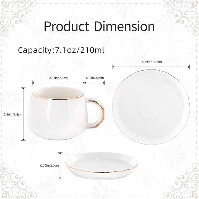 KAMMAK Tea Cups and Saucers Set of 2, 7.1oz Porcelain Coffee Cups with Saucers, Ceramic Espresso Mugs for Coffee, Latte, Americano, Tea, Elegant Teacup and Saucer (YFH5)