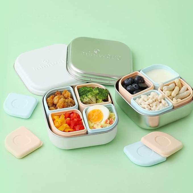Miniware GrowBento Box and 2 Silipods | Durable 304 Stainless Steel Lunch Box and Leakproof Silicone Storage Containers Set | Grows from Baby Purees to School Lunches (Steel + Peach)