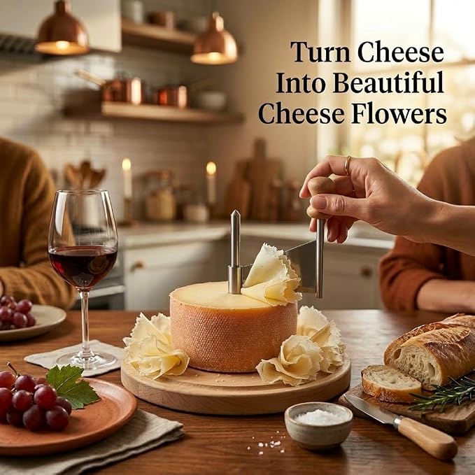 Cheese Curler Girolle – Cheese Curler Wheel for Chocolate & Butter Curls, Stainless Steel Blade & Wood Base, Cheese Flower Maker for Charcuterie Boards, Dessert Decor, Parties & Gift for Food Lovers