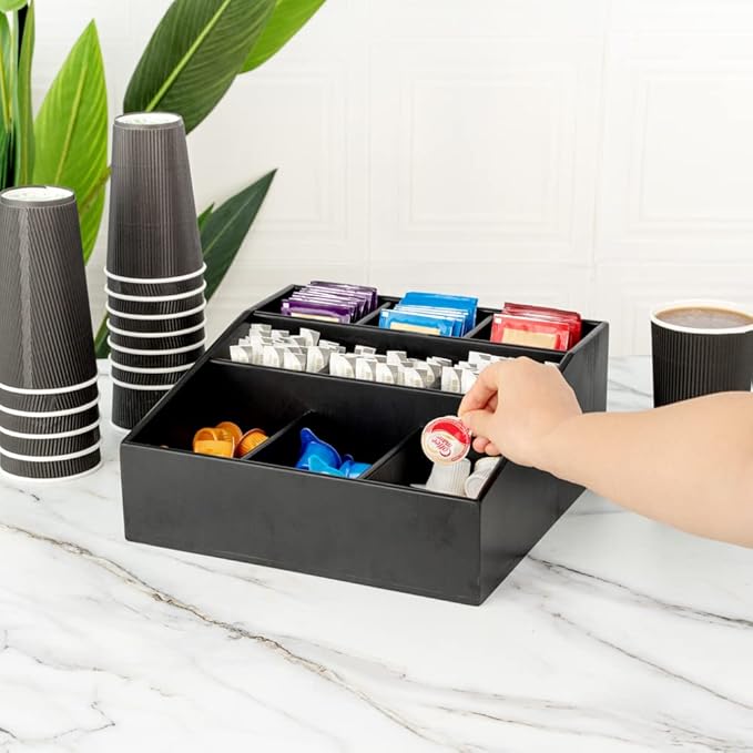 Restaurantware-11.75 x 5.5 Inch Coffee Condiment Organizer, 1 Square Creamer Organizer - 9 Compartments, Break-Resistant, Black Bamboo Coffee Accessory Caddy, Won't Chip, For Sugar Packets & Creamers