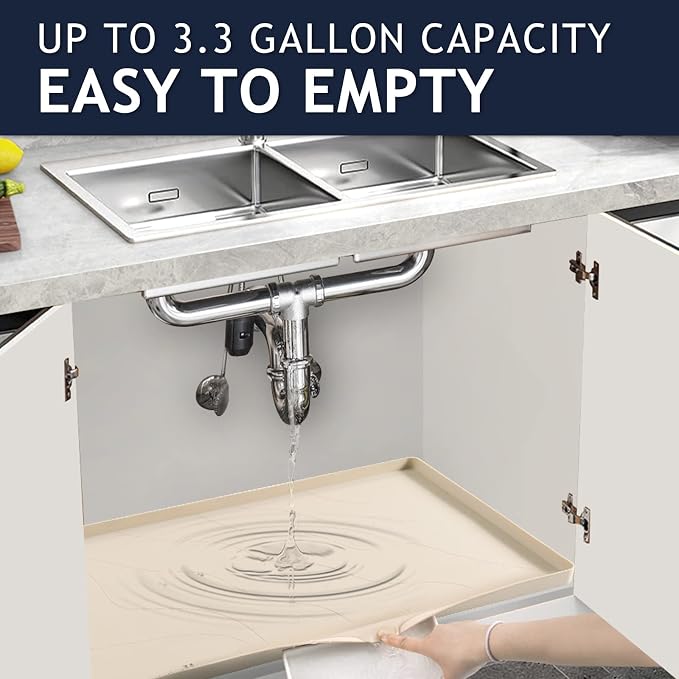 Heavy Duty Silicone Under Sink Mats for Kitchen Waterproof 31" x 22", Extra Thick Under Sink Rubber Mat Drip Tray, Raised Edge Under Sink Liner,Prevent Drips, Leaks, Spills,Taupe