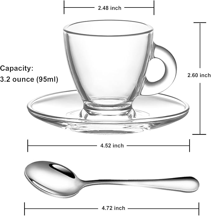 Espresso Cups with Saucers and Spoons Set of 6, Glass Demitasse Cups for Cappuccino Latte Café Mocha Tea and More Beverage, 3.2OZ/95ML, Clear
