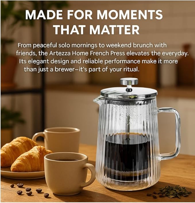 Small Glass French Press Coffee Maker 22oz (4 Cups) – Double-Wall Borosilicate Ribbed Coffee Press with Stainless Steel Filter, Manual Coffee Brewer & Tea Press – 10-Piece Cooking Set