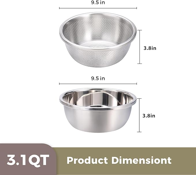 Colander and Bowl Set 3.1QT (2-in-1) - Thickened 304 Stainless Steel Kitchen Strainer Bowl for Fruit, Pasta, Vegetables, Rice - Heavy Duty, Induction Cooker & Dishwasher Safe