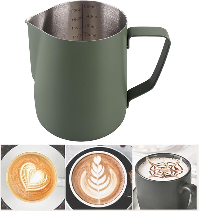 Milk Frothing Jug, 304 Stainless Steel Steaming Pitcher Latte Art Frothing Cup with Inner Scale for Making Coffee Cappuccino (Dark Green)