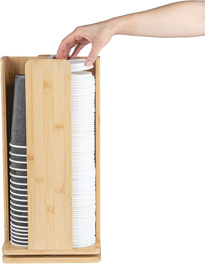 Restaurantware Restpresso 9 x 18 Inch Coffee Cup and Lid Organizer 1 Revolving Cup and Lid Holder - 4 Section Countertop Natural Bamboo Cup and Lid Dispenser For Restaurants Homes or Offices
