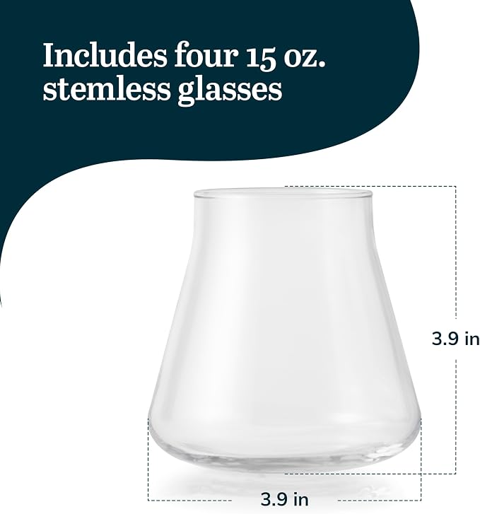Libbey Magnitude Stemless Wine Glasses Set of 4, Tulip Shaped 12 Oz Stemless Wine Glasses, Modern Stemless Glass Tulip Bowl for Wine, Cocktails