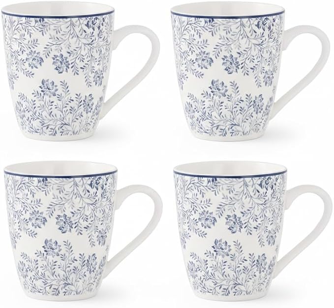 Lorren Home Trends Floral Rose Coffee Mug Set of 4, 12 Oz, Microwave and Dishwasher Safe, Bone China (LIGHT BLUE)