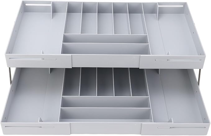 TOPINCN 2 Tier Collapsible Multi Level Drawer Organizer Tray, Folding Smart Drawer Storage, Expandable for Makeup, Jewelry, Silverware, Utensils, Kitchen Office Supplies (Gray)