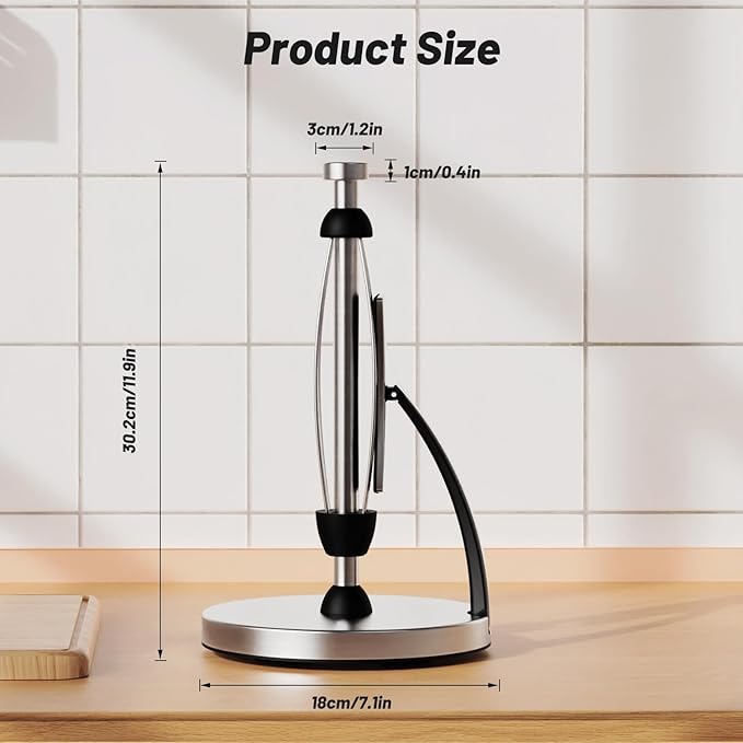 VEHHE Paper Towel Holder Countertop, Paper Towel Holder with Spring Activated Arm and Damping Effect, Simply Tear Paper Towel Stand for Bathroom and Kitchen (Silver)