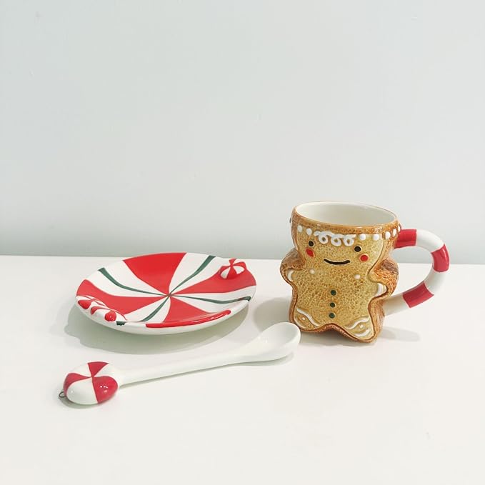 Ceramic Christmas Tea Cup and Saucer Set，200ML(6.8OZ) 3D Hand-painted Christmas Gingerbread Man Coffee Mug，Round Saucer, Spoon