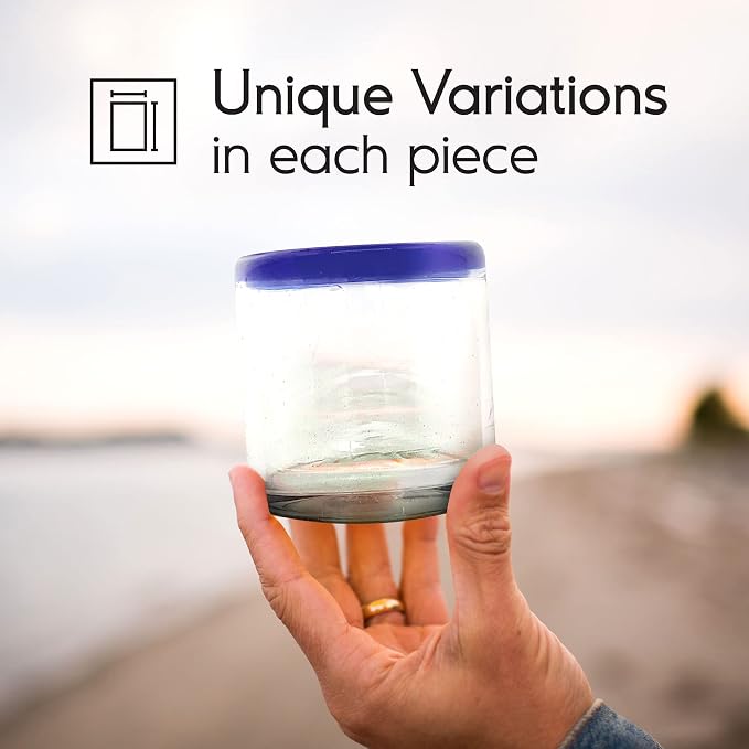 Cobalt Blue Rim 8 oz DOF Rock Glasses (set of 6), Recycled Glass, Lead-free, Toxin-Free (DOF Rocks)