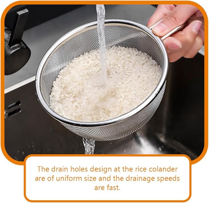 BESTonZON Stainless Steel Colander Bowl with Handle and Basin Food Strainer for Rice Washing Vegetable and Fruit Draining Compact 7.08X5.90X2.95 Inch Kitchen Utensil