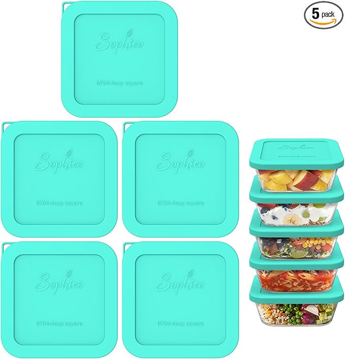 Sophico Silicone Storage Cover Lids Replacement for Pyrex Freshlock and SNAPWARE 4CUP Square Glass Bowls Containers Set(8704), Airtight & Leakproof Lids, Freezer Dishwasher Microwave Safe 5 Pack