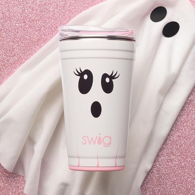 Swig Life 24oz Party Cup, Halloween Insulated Travel Coffee Tumbler with EZ Slider Lid, Cup Holder Friendly, Stainless Steel 24 oz Tumbler, Reusable Mug (Boo Crew Ghost)