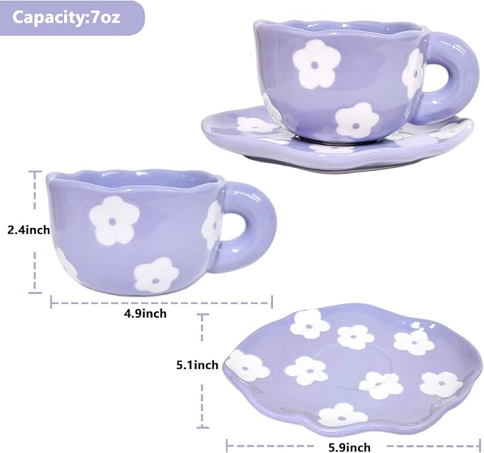 Noviko Purple Flower Mug and Saucer Set - Cute Ceramic Mug for Girls and Mom - 7 oz