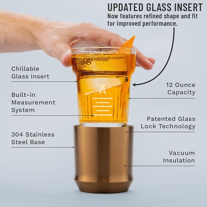 Elevated Craft Hybrid Rocks Glass Premium Vacuum Insulated Steel Base with Removable Insert - 12oz Cocktail Glass, Double Old Fashioned Lowball for Margaritas, Bourbon, Whiskey - Copper