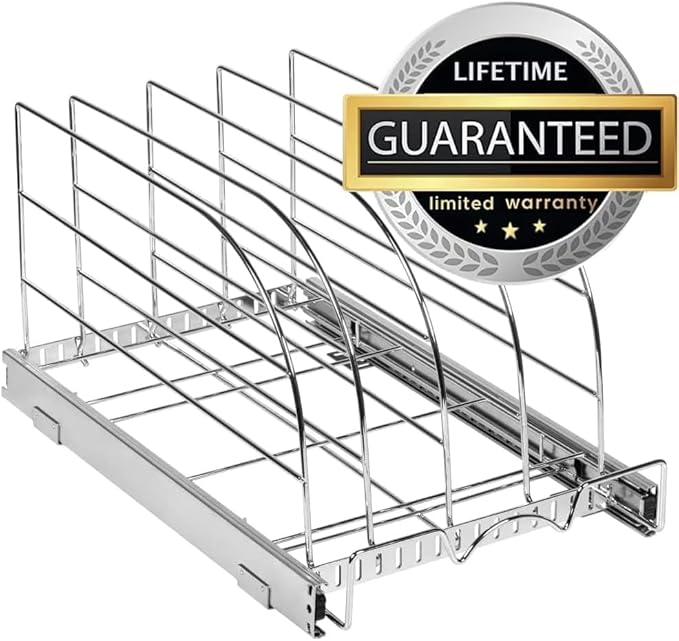 HOLDN’ STORAGE Pull Out Organizer for Bakeware, Cutting Board and Trays, Adjustable Dividers - Heavy Duty, Lifetime Limited Warranty - For Narrow Cabinet Spaces, 14.5”W x 21”D x 11”H, Chrome