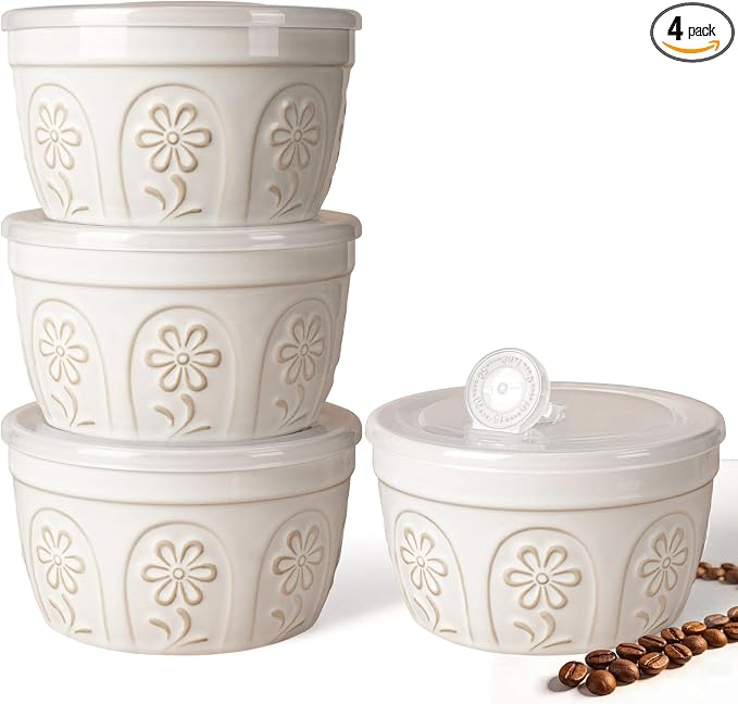 Artena Meal Prep Containers 22 OZ, 4 Pack Snack Containers, Reusable Food Storage Containers With Lids For Soup Yogurt Oatmeal Lunch Breakfast, Ceramic Cereal Bowls (White, Pinwheel Flower)